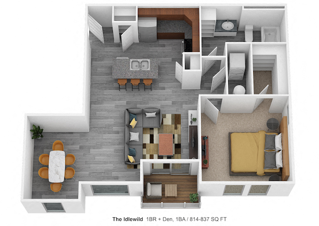 Floor plan for 1 bed, 1 bath, 814 sqft